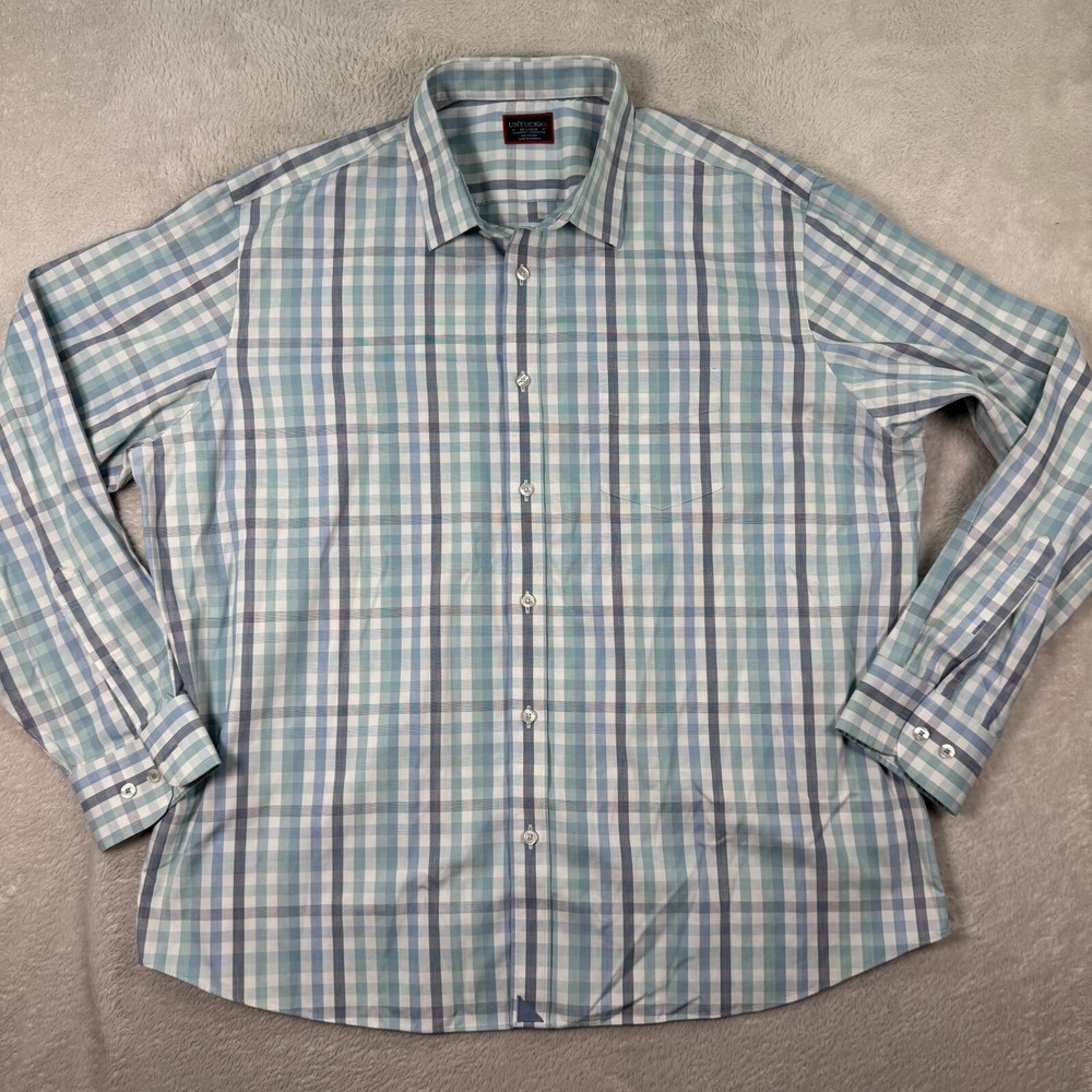 UNTUCKit Castano WF Shirt Mens 2XL Blue White Check Long Sleeve Button Down